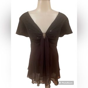 R&M Richards Blk Flutter Sleeve Dressy Blk Top SZ 14